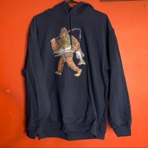 NWOT Fisherman Bigfoot Sasquatch Salmon hoodie navy blue Large